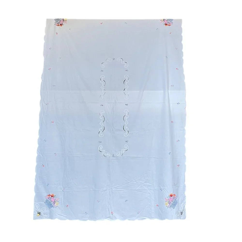Embroidered White Tablecloth Floral Baskets‎ & Cutwork Design Rectangular 98X66